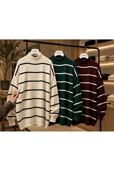 DepoExport Women's 3-Piece Striped Knitwear Sweater Oversize Loose Design