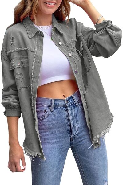 Generic Women's Casual Denim Jackets Frayed Hem Washed Button Jean Jacket Dis...