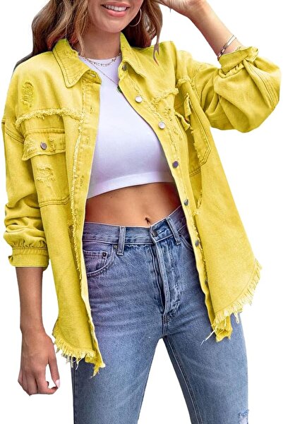 Generic Womens Ripped Distressed Denim Jacket Distressed Hem Button Front Boy...