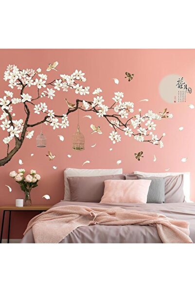 Tazweeq Chinese Style White Flowers Black Tree and Flying Birds Wall Stickers...
