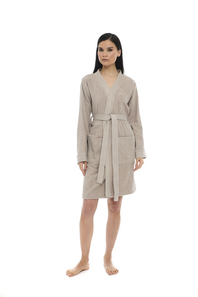 Seritaine Athena Kimono Women's Mini Bathrobe - Beige - Dobby 100% Cotton