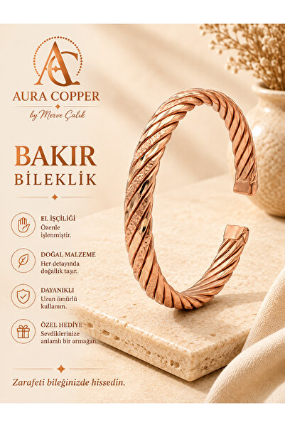 AURA COPPER Bakır Bileklik El Yapımı Örgü Desenli Ayarlanabilir Unisex Kelepç...
