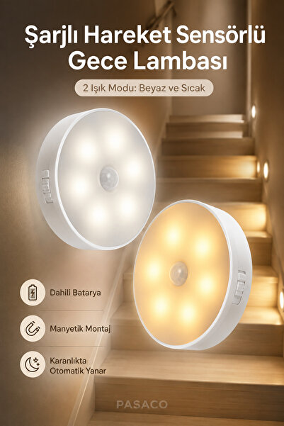 PASACO Şarjlı Hareket Sensörlü Beyaz Ve Sarı Işık Gece Lambası Manyetik Kablo...