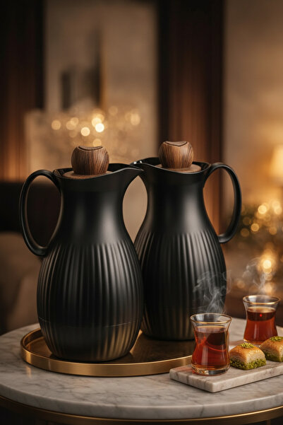 ZALA Luxury Arabic Coffee & Tea Server 1L+1L Ribbed Vacuum Flask with Push Bu...
