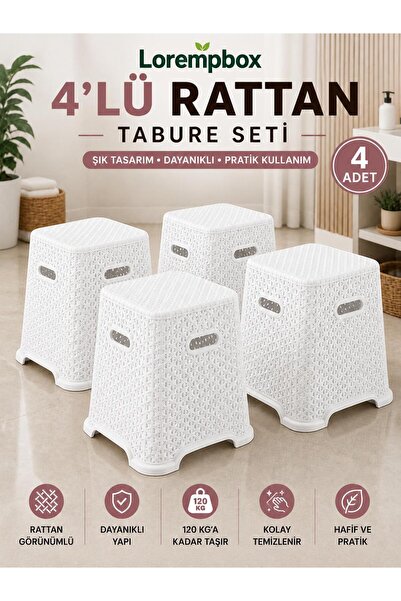 LOREMPBOX 4’lü Dekor Tabure Seti – Dayanıklı Plastik Çok Amaçlı Tabure – Mutf...
