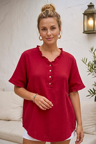 Chiccy Burgundy V-Neck Short Sleeve Buttoned Collar and Cuff Ruffles Casual M...