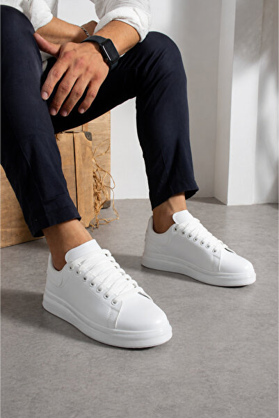 ALBANDER Erkek Beyaz Bağcıklı Kalın Taban Minimal Basic Sneaker Spor Ayakkabı