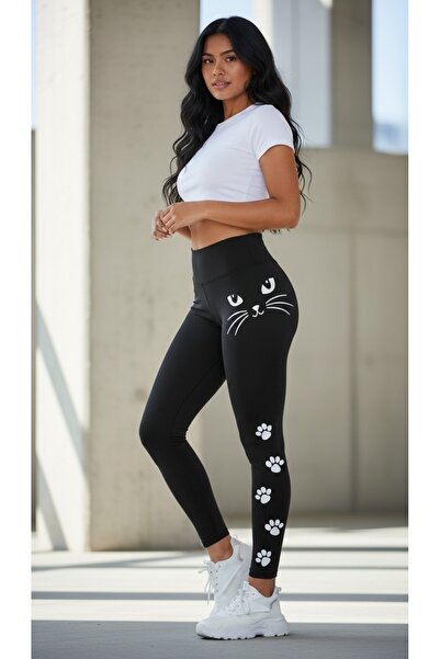 buzaa Women's Black High Waist Cat Face and Paw Printed Sports Leggings