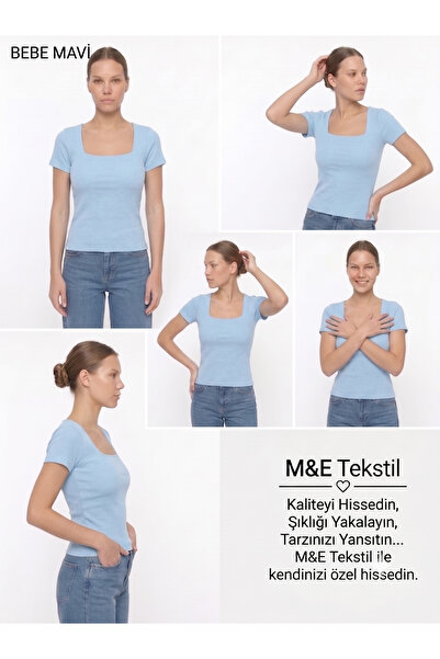 Genel Markalar Kadın Kare Yaka Slim Fit Pamuklu Ultra Soft Likralı Kumaş Basi...