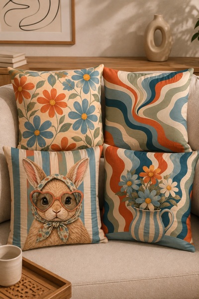 EVPANYA Floral Rabbit Patterned 4-Piece Throw Pillow Cover Set