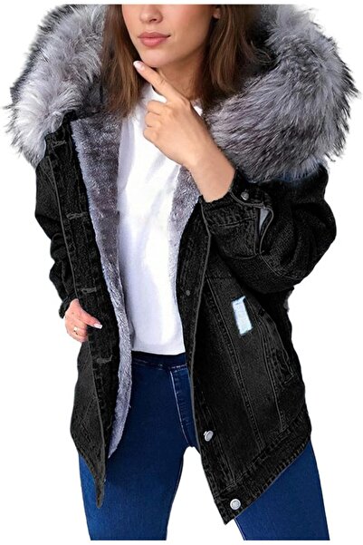 Generic Women's Oversized Denim Jacket Sherpa Lined Faux Fur Hood Long Denim ...