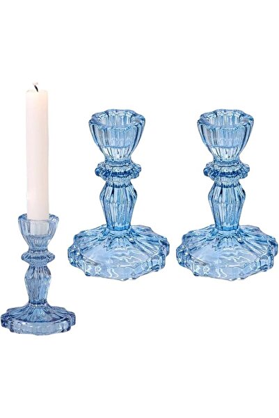 Home Zone Set of 2 Blue Taper Candle Holders for Table Centerpiece, Gold Tall...