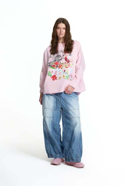 #vdr viadellerose Pink Ecru Flamingo Printed Striped Sleeve Oversize Sweatshi...
