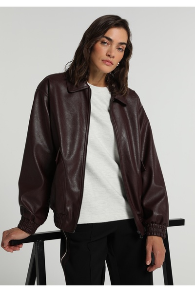 Colin's Regular Fit Shirt Neck Zippered Lined Coated Women's Burgundy Coat Pu