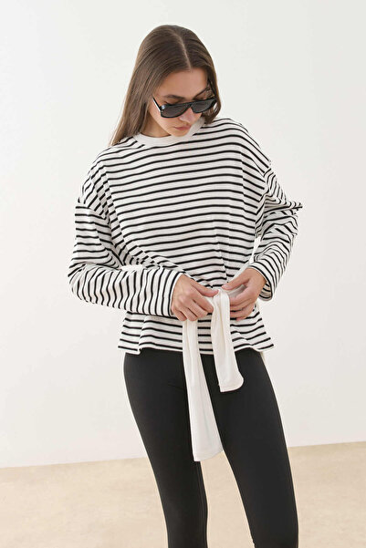 Fahhar Striped Long Sleeve Cotton T-Shirt Black