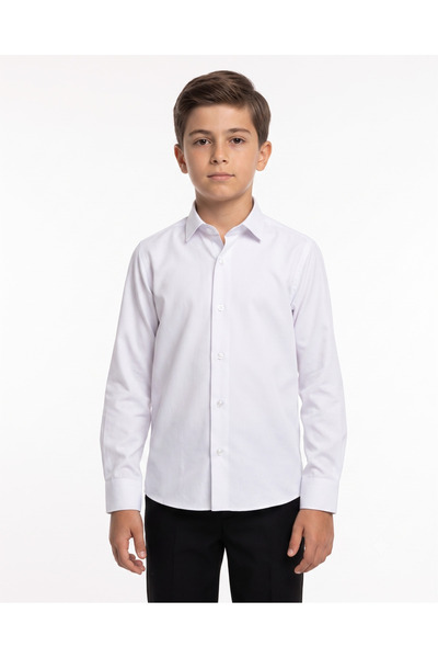 MAKROM Boys' White School Shirt - Classic Collar, Long Sleeve, 80% Cotton