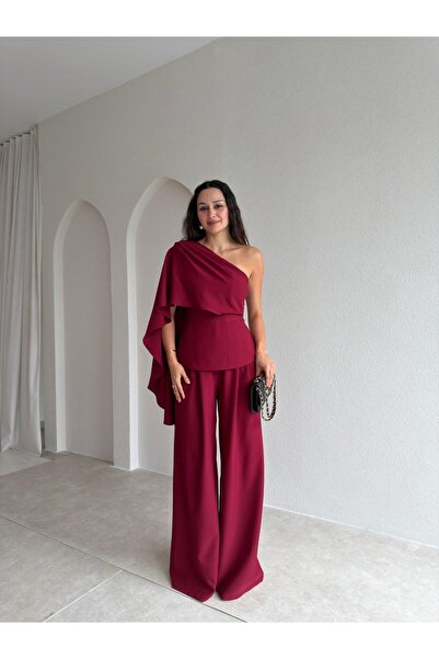 Mooi Butik طقم كارينا بكتف واحد 3689 - أحمر داكن