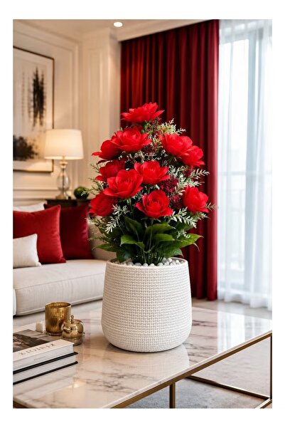 Generic Brand Artificial Red Rose Flower Arrangement with White Woven Decorat...