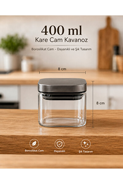Karçiçeği Home 6’lı 400 ml Kare Borosilikat Cam Kavanoz Seti – Vakumlu Çelik Kapaklı - 472-2