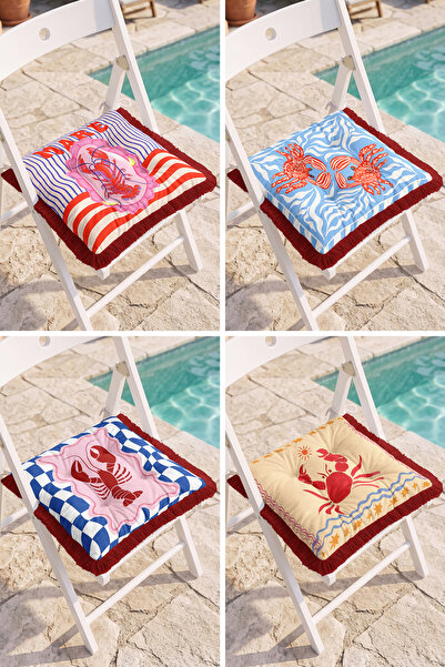 Realhomes Sea-Themed Retro Patterned 4-Piece Fringed Puffy Chair Cushion Set ...