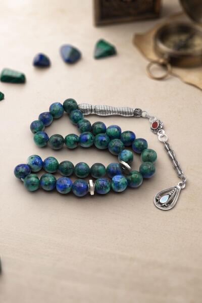 Prestige Natural Azurite Stone 33-Piece Prayer Beads with Metal Tassels 8mm S...