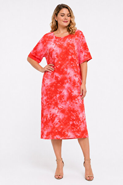 Şans Women's Plus Size, Fujya, Tie-Dye Pattern Viscose Dress 65N39469