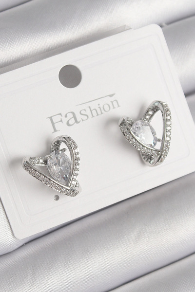 SORA GROUP Brass Silver Color Zircon Stone Heart Model Women's Earrings
