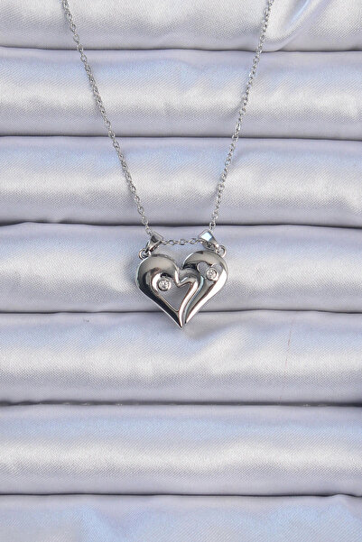 SORA GROUP 316L Steel Chain Silver Color Zircon Stone Magnet Heart Necklace