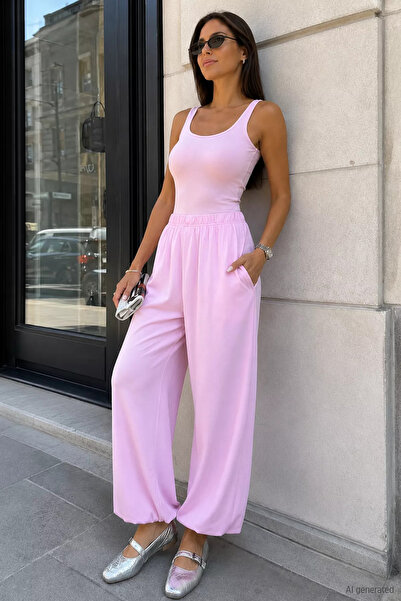 Aryena Pink Women's Shalwar Model Trousers with Elastic Waist and Cuffs