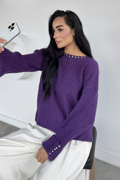 Aryena Purple Women's Stone Embroidered Self-Patterned Knitwear Sweater
