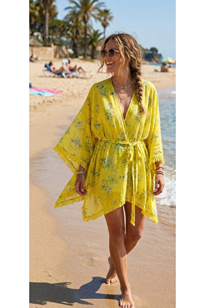 Luminosa Çiçek Desenli standart beden sarı püsküllü detaylı kimono/ kaftan lu...