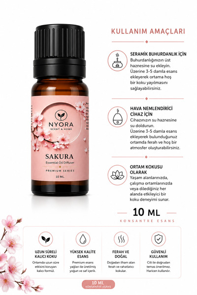 NYORA 10 Ml Japon Kirazı Çiçeği Sakura Kokusu Buhurdanlık ve Hava Nemlendiric...