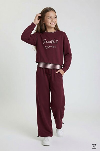 Cansın Mini Burgundy Girls' Striped Cropped Sweatshirt 3-Piece Wide Leg Track...