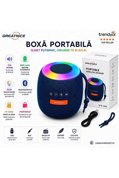 ASMXX Boxă Portabilă Bluetooth Greatnice GTS-1468, 5W, Bluetooth 5.0, RGB Mul...