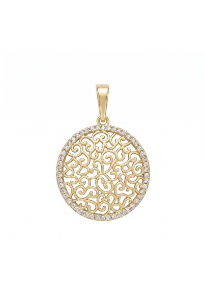 Otantik Desenli Zirkon Taşlı Kolye Ucu - 14k Altın Kaplama - 20 x 28 mm