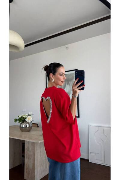 path-y homewear&sportwear Kadın Oversize Sırt Dekolteli Kalp Taş İşlemeli Sal...