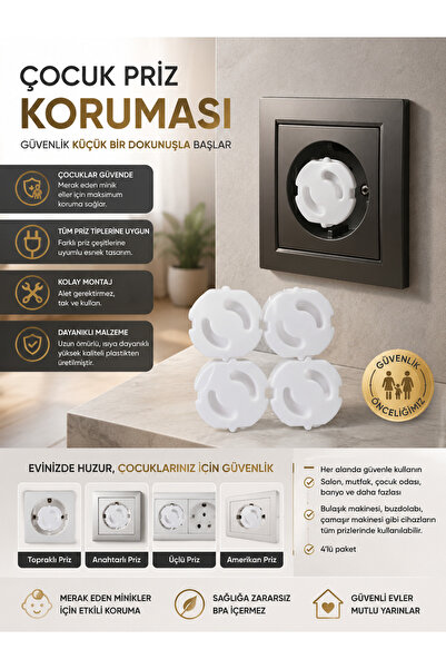Çocuk Priz Koruması 4’lü Paket – Bebek Güvenlik Priz Kapağı – Topraklı ve Standart Priz Uyumlu