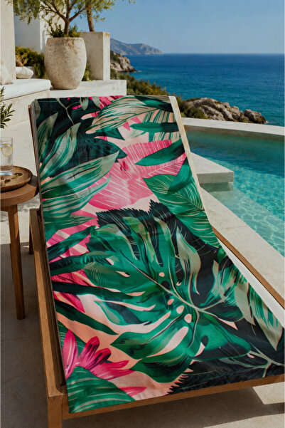 Evmila Dark Green Tropical Leaf and Flower Pattern 70X150 Beach Towel - Digit...