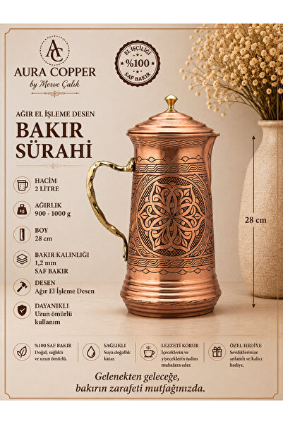 AURA COPPER Ağır El İşlemeli Bakır Sürahi 2 L Kapaklı 1,2 mm Gaziantep Usta E...