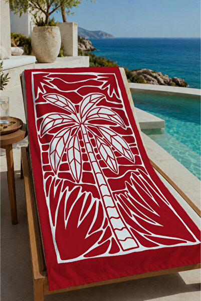 Evmila Crveno-beli blok print palminog uzorka 70x150 peškir za plažu - digita...