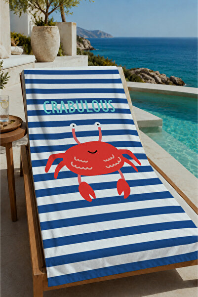 Evmila Navy Blue White Striped Orange Crab Patterned 70X150 Beach Towel - Dig...