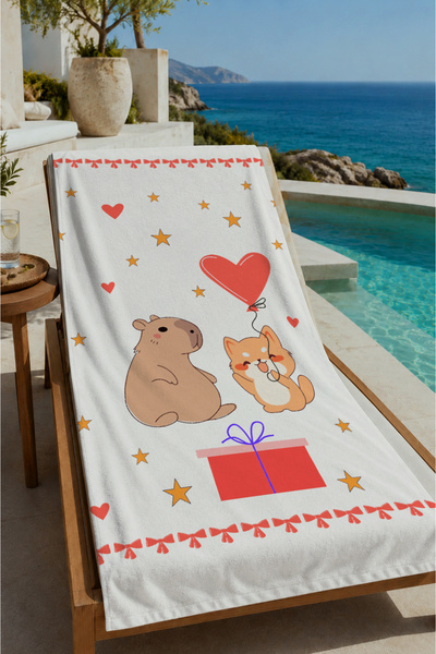 Evmila White Rabbit, Teddy Bear and Heart Patterned 70X150 Beach Towel - Digi...