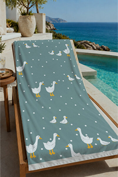 Evmila Sage Green White Seagull Patterned 70X150 Beach Towel - Cotton Bath Towel