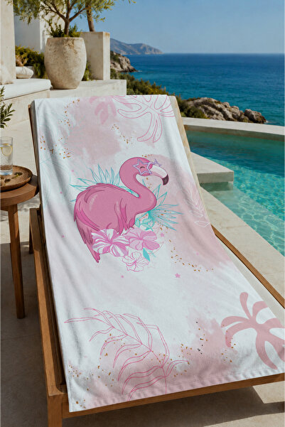 Evmila Pink Flamingo and Pastel Tropical Leaf Pattern 70X150 Beach Towel - Di...