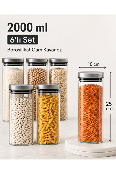 Karçiçeği Home 6’lı 2000 ml Kare Borosilikat Cam Kavanoz Seti – Vakumlu Çelik Kapaklı - 8469-1