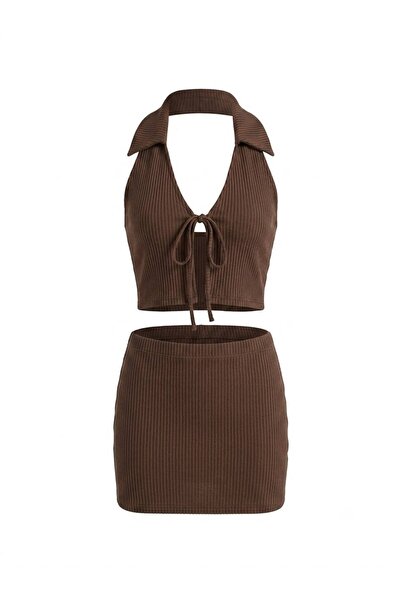 AQUELLA Textured Brown Crop Skirt Set