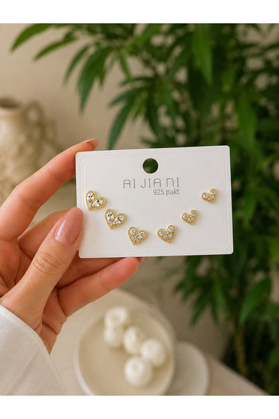 FASHION Minimal Kalp Model Taşlı Gold Renk 3’lü Kadın Küpe Seti – Büyük Orta ...