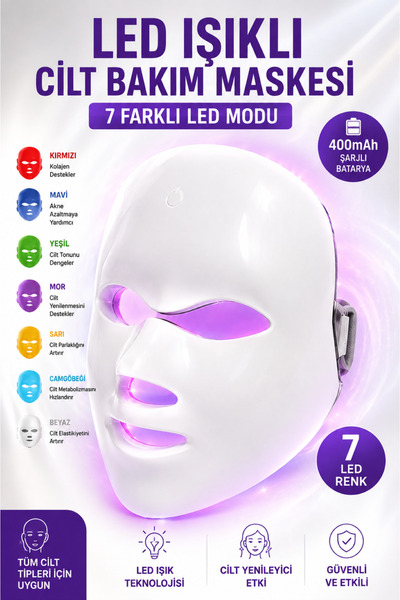 LED Işıklı Cilt Bakım Maskesi 7 Renk LED Işık Terapisi Yüz Maskesi 400mAh Şarjlı Kırışıklık Karşıtı Akne Cilt Yenileyici