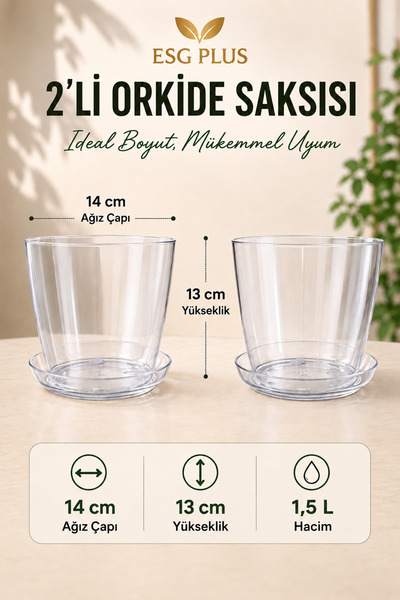 ESG PLUS 2’li Şeffaf Orkide Saksısı 14 cm Drenaj Delikli 1.5 L Tabaklı Plasti...