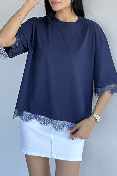 Aryena Navy Blue Women's Crew Neck T-Shirt with Lace Detail